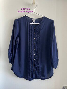 Dynamite Pleated Button-Up Blouse Navy Blue M